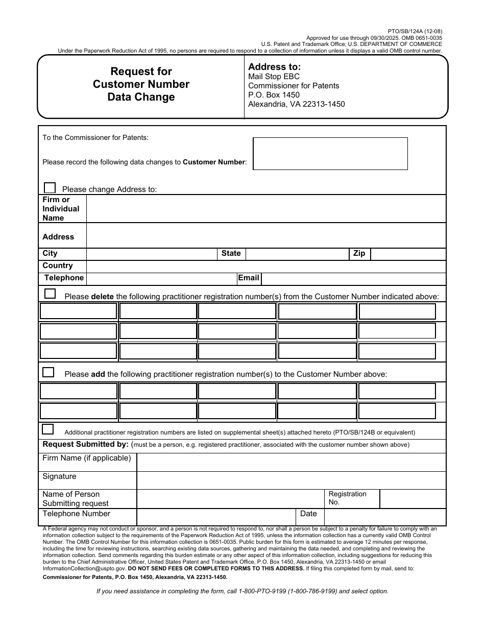 Form PTO / SB / 124 Request for Customer Number Data Change, Page 1