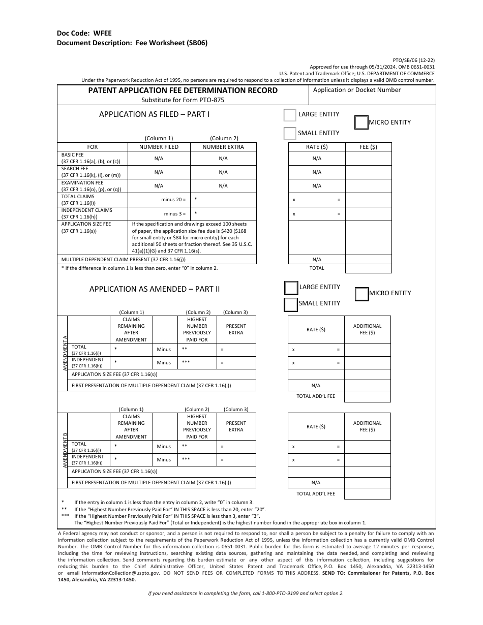 Form PTO / SB / 06 Patent Application Fee Determination Record, Page 1