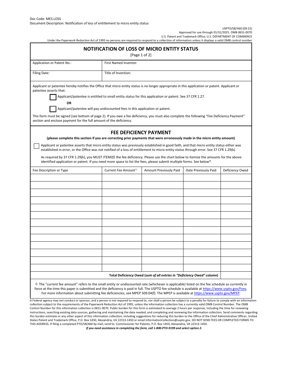 Form USPTO / SB / 460 Notification of Loss of Micro Entity Status, Page 1