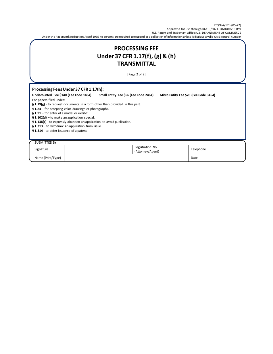 Form PTO / AIA / 17P Processing Fee Under 37 Cfr 1.17(F), (G)  (H) Transmittal, Page 2