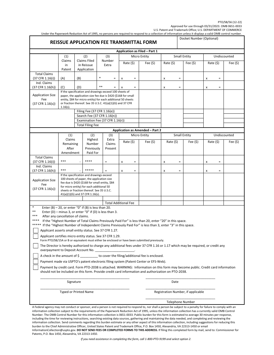 Form PTO / SB / 56 Reissue Application Fee Transmittal Form, Page 1