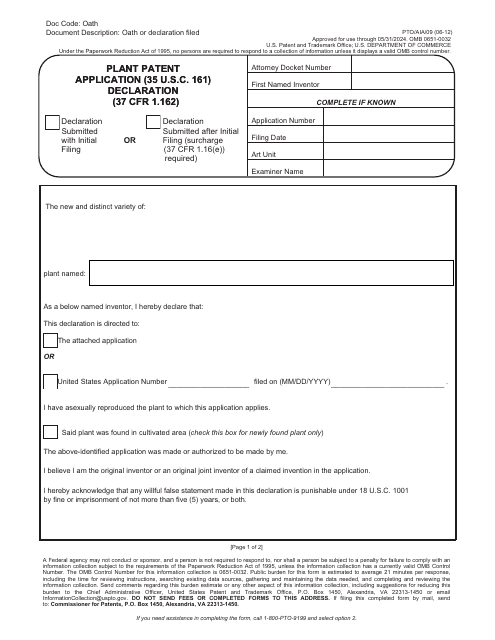Form PTO/AIA/09 Plant Patent Application (35 U.s.c. 161) Declaration (37 Cfr 1.162)