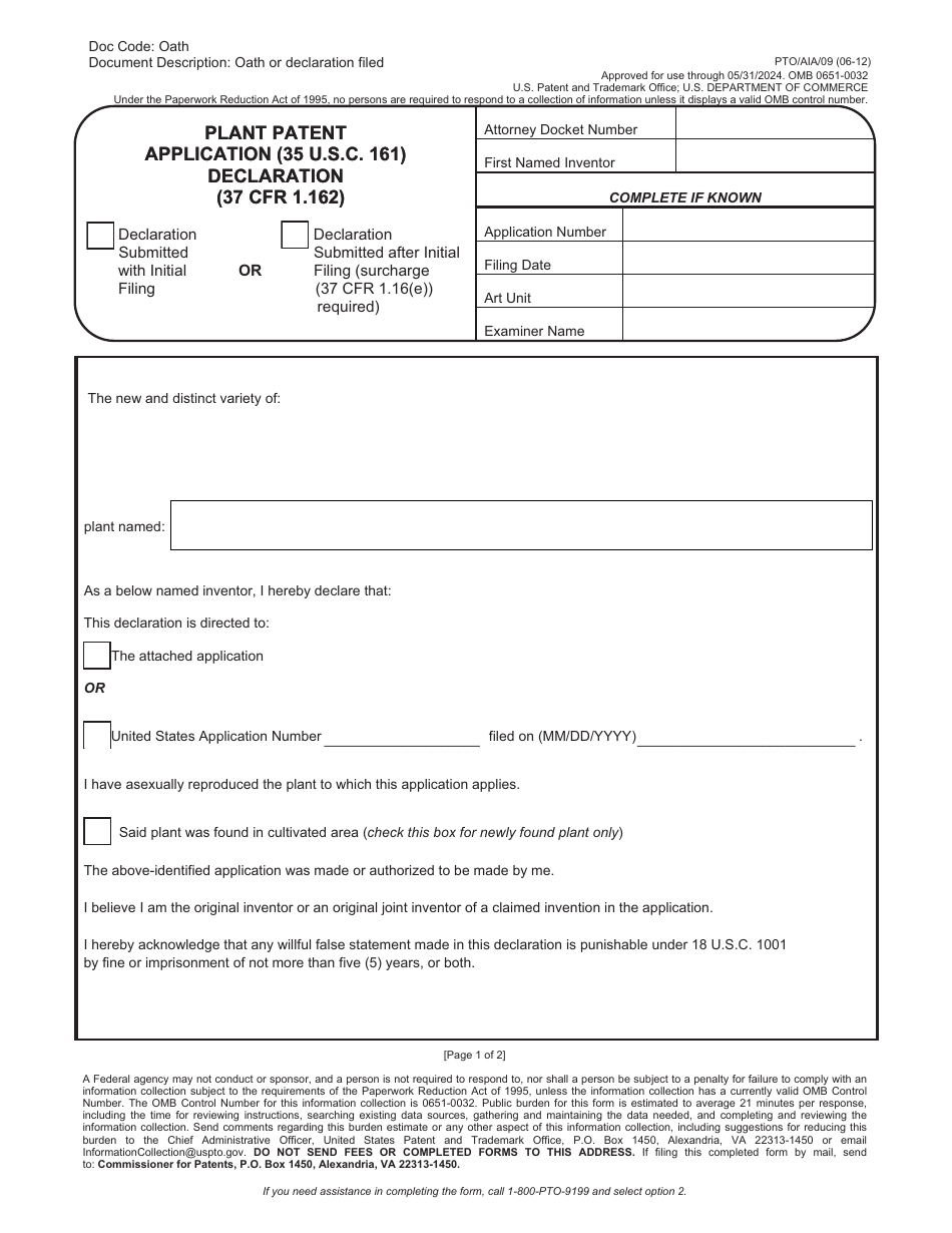 Form PTO / AIA / 09 Plant Patent Application (35 U.s.c. 161) Declaration (37 Cfr 1.162), Page 1