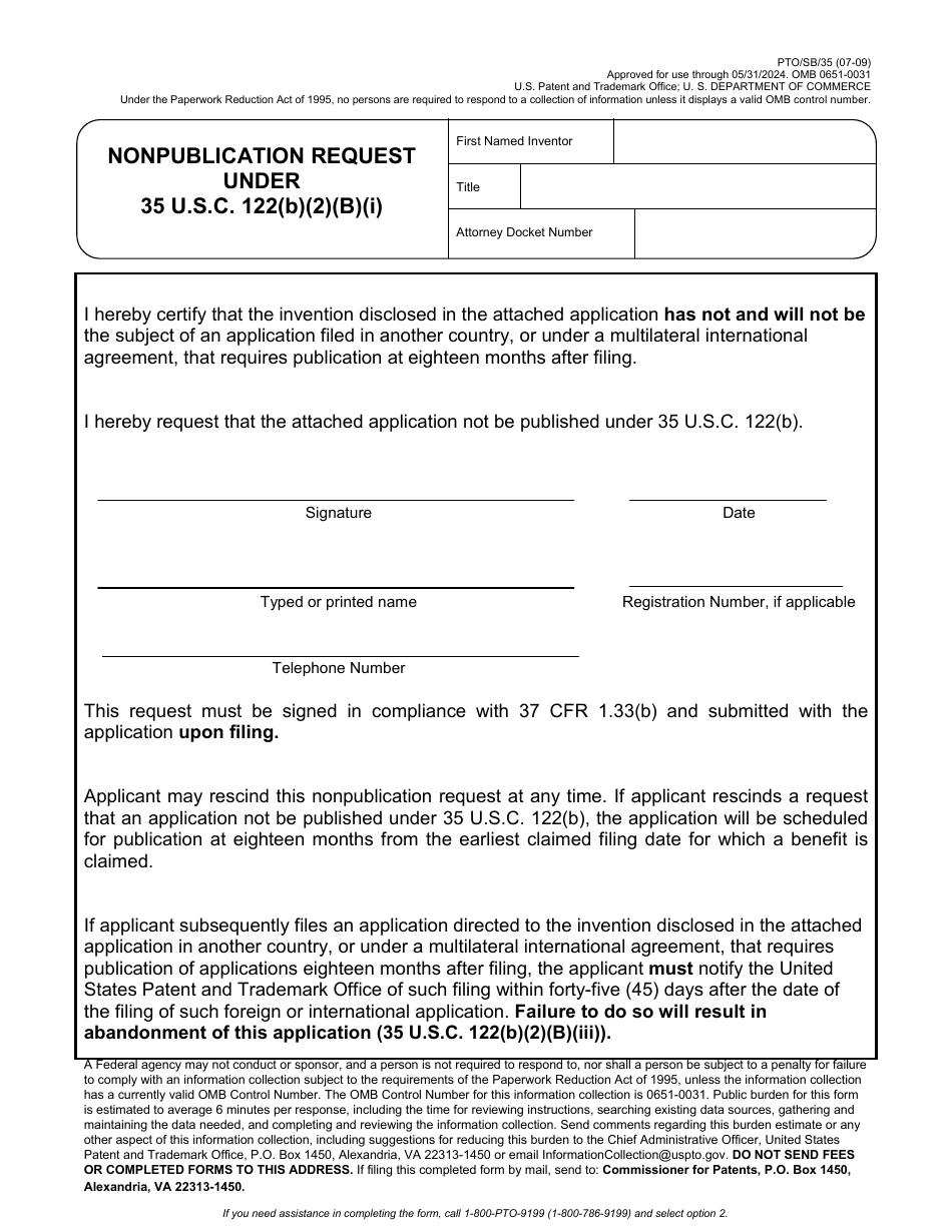 Form PTO / SB / 35 Nonpublication Request Under 35 U.s.c. 122(B)(2)(B)(I), Page 1