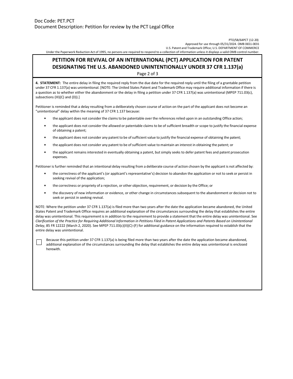 Form PTO / SB / 64PCT Petition for Revival of an International (Pct) Application for Patent Designating the U.S. Abandoned Unintentionally Under 37 Cfr 1.137(A), Page 2