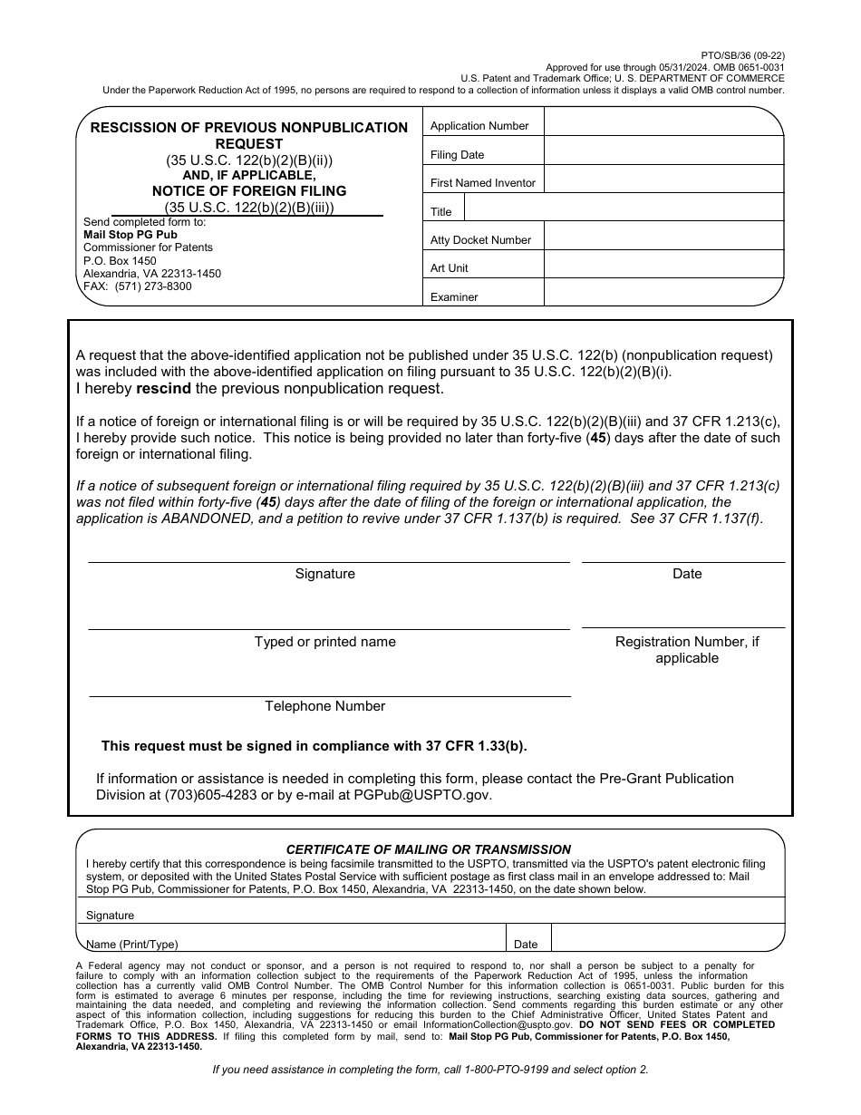 Form PTO / SB / 36 Rescission of Previous Nonpublication Request (35 U.s.c. 122(B)(2)(B)(II)) and, if Applicable, Notice of Foreign Filing (35 U.s.c. 122(B)(2)(B)(Iii)), Page 1