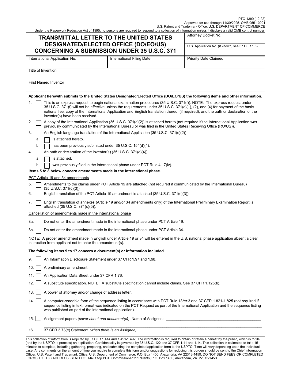 Form PTO-1390 Transmittal Letter to the U.S. Designated / Elected Office (Do / Eo / US) Concerning a Submission Under 35 U.s.c. 371, Page 1