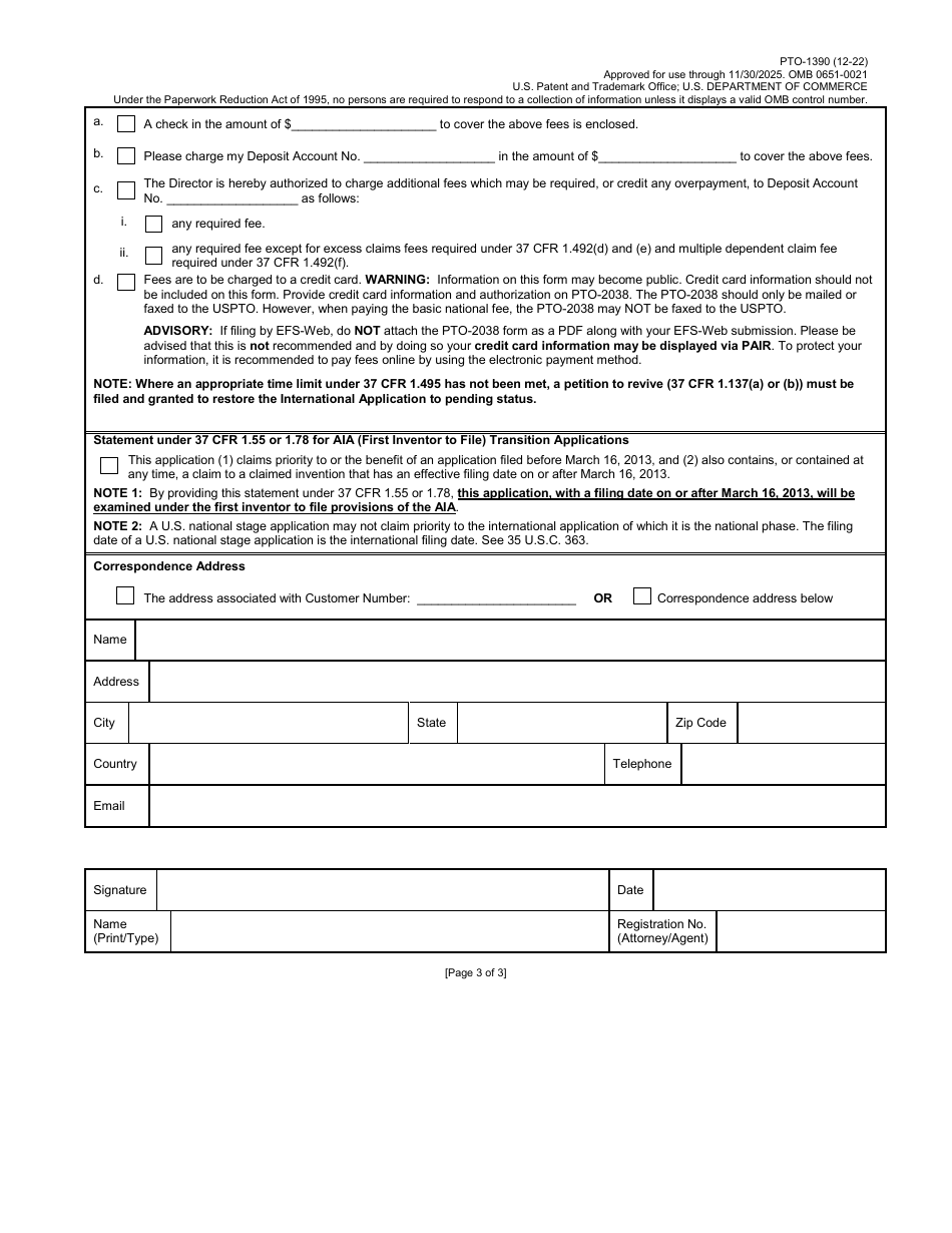 Form PTO-1390 Transmittal Letter to the U.S. Designated / Elected Office (Do / Eo / US) Concerning a Submission Under 35 U.s.c. 371, Page 3