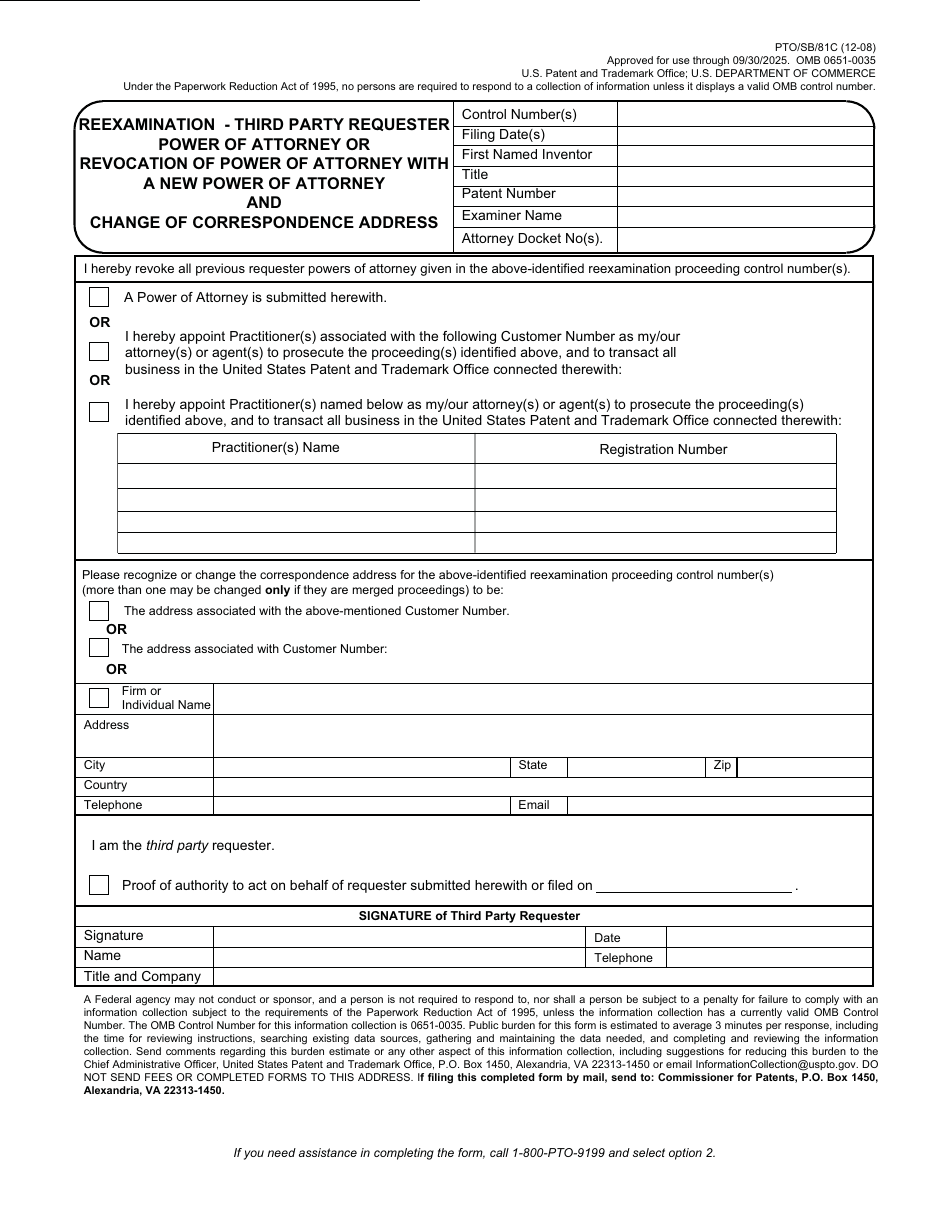 Form PTO / SB / 81C Reexamination - Third Party Requester Power of Attorney of Revocation of Power of Attorney With a New Power of Attorney and Change of Correspondence Address, Page 1