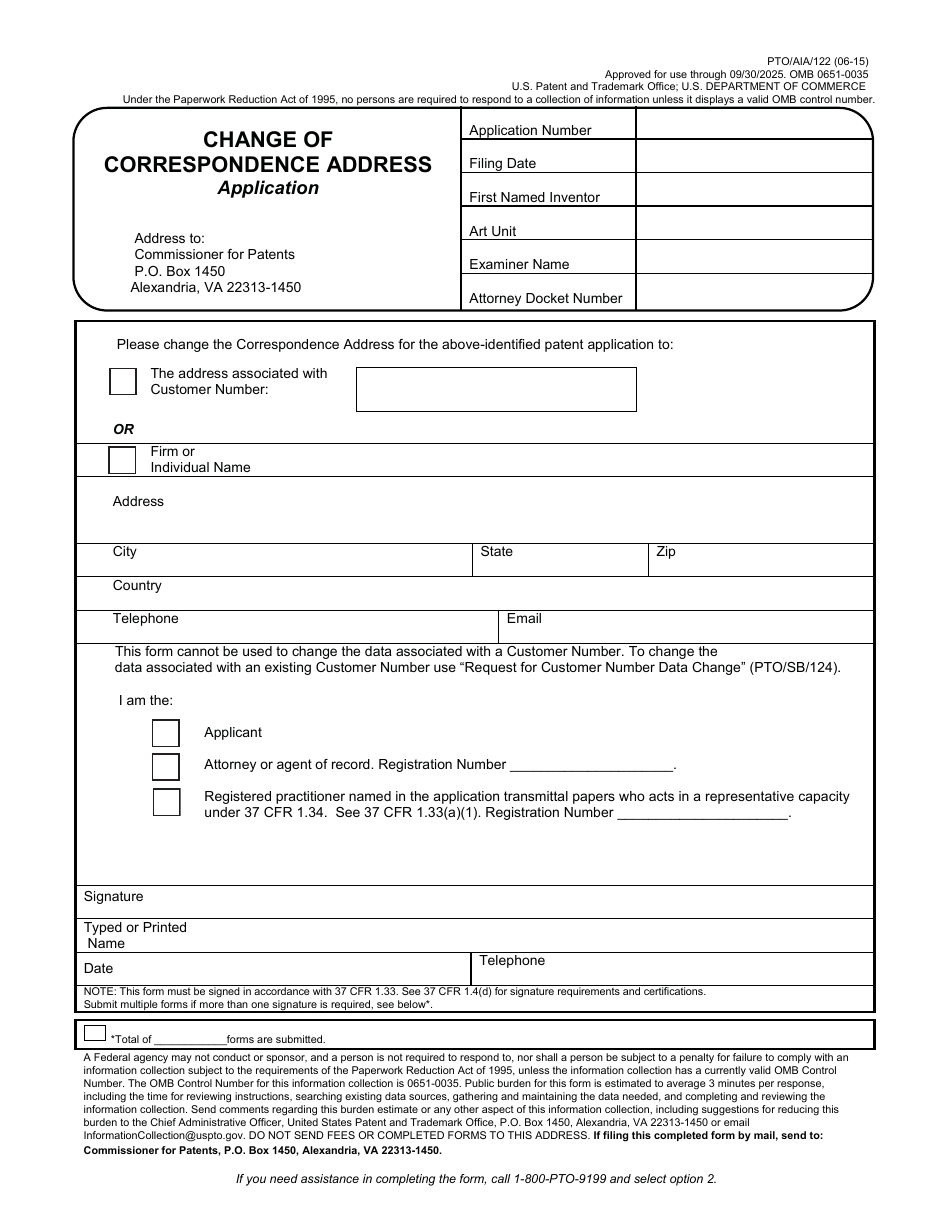 Form PTO/AIA/122 Download Fillable PDF or Fill Online Change of