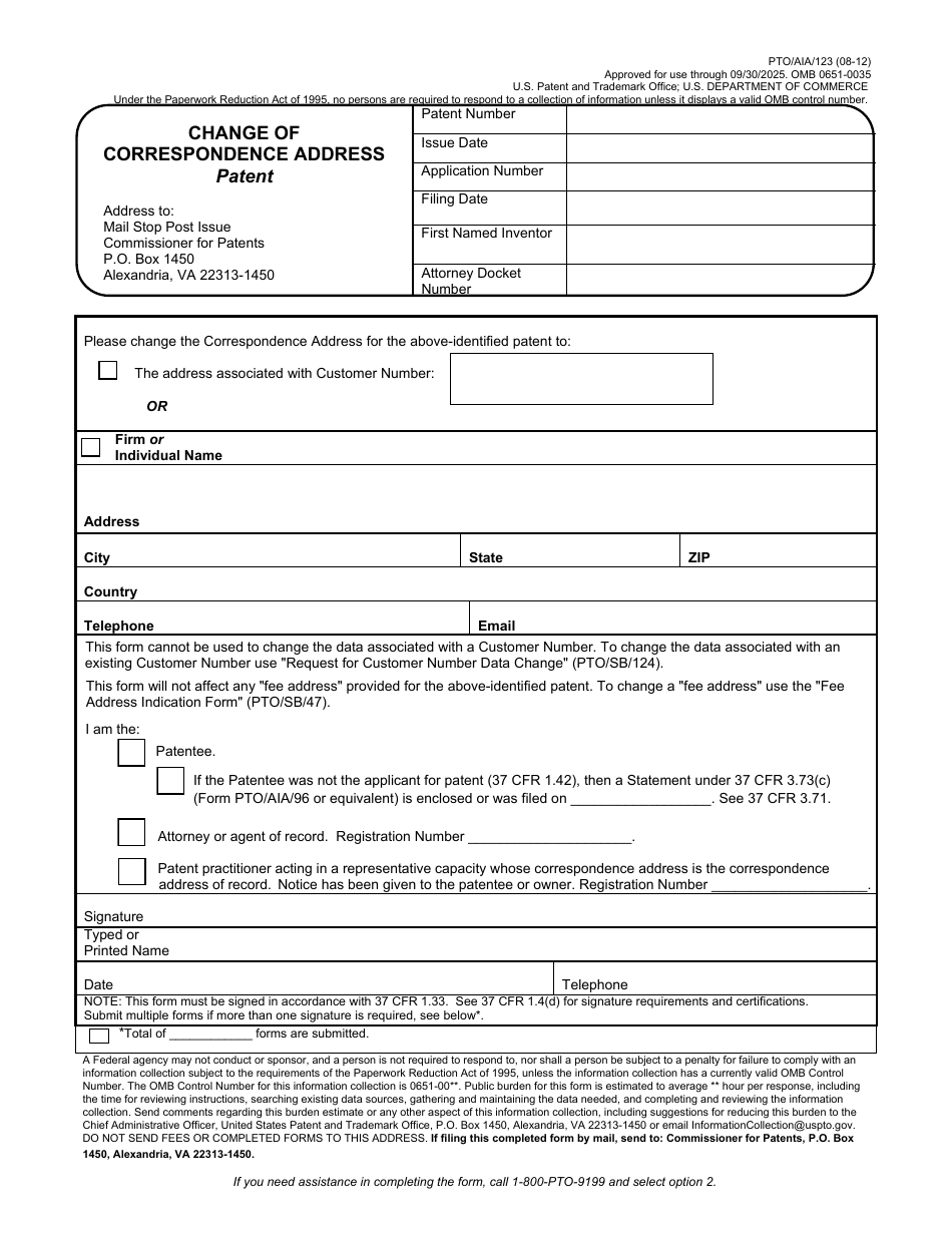 Form PTO / AIA / 123 Change of Correspondence Address Patent, Page 1