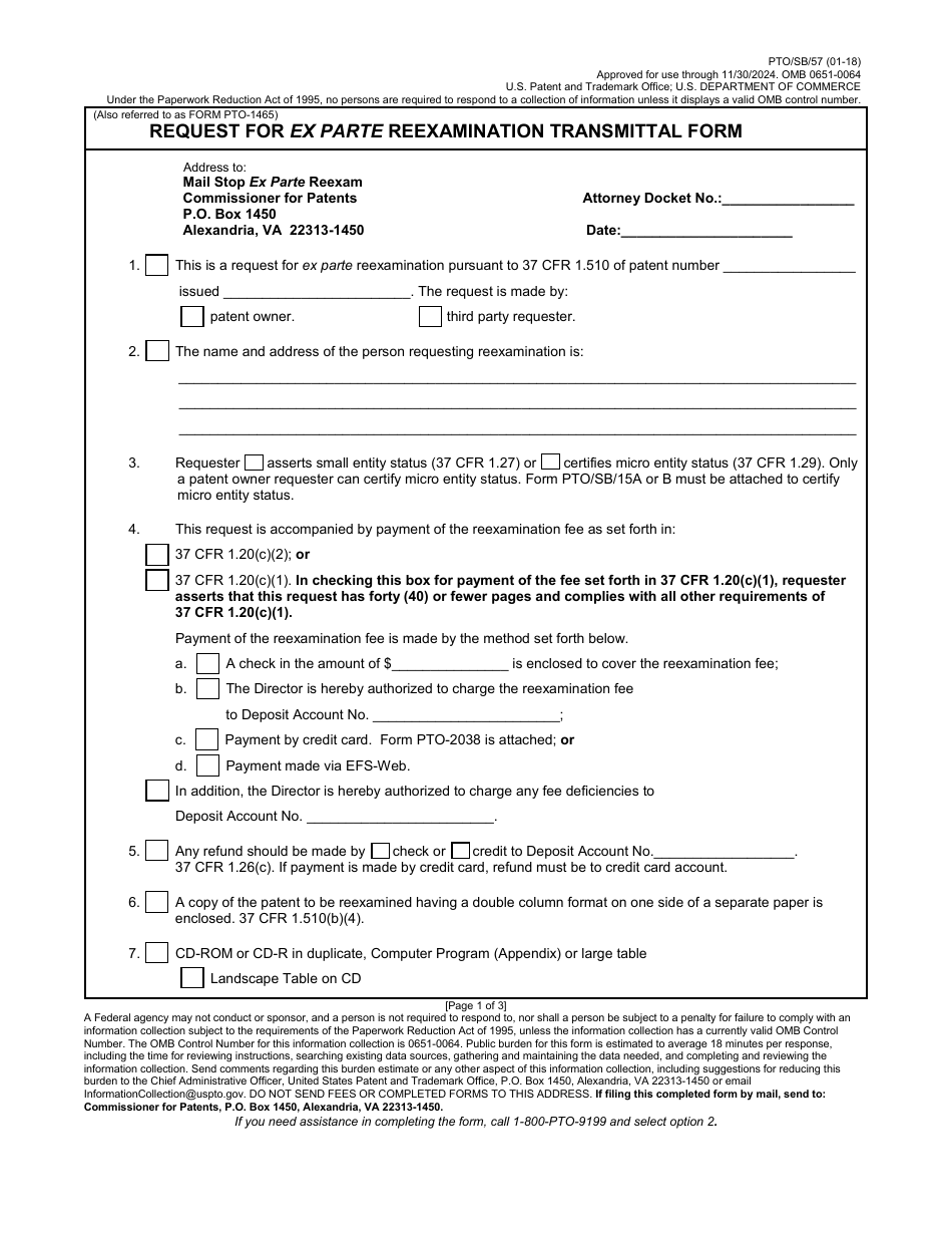 Form PTO / SB / 57 Request for Ex Parte Reexamination Transmittal Form, Page 1