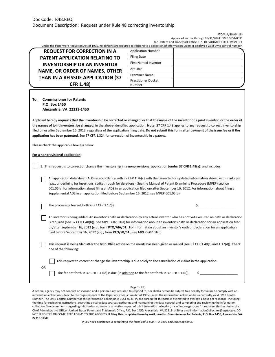 Form PTO / AIA / 40 Request for Correction in a Patent Application Relating to Inventorship or an Inventor Name, or Order of Names, Other Than in a Reissue Application (37 Cfr 1.48), Page 1