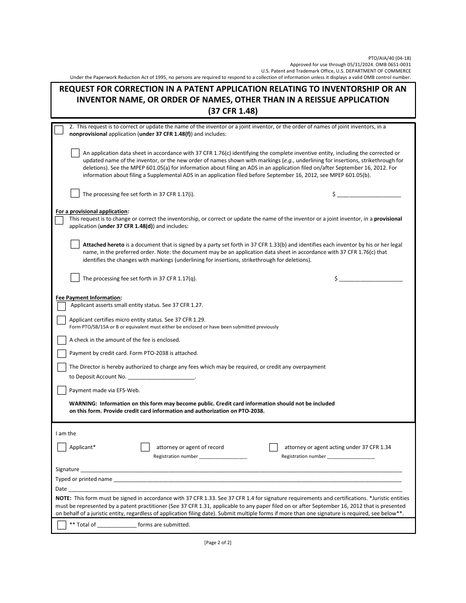 Form PTO / AIA / 40 Request for Correction in a Patent Application Relating to Inventorship or an Inventor Name, or Order of Names, Other Than in a Reissue Application (37 Cfr 1.48), Page 2
