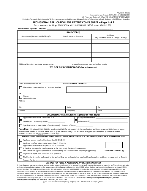 Form PTO/SB/16 Provisional Application for Patent Cover Sheet