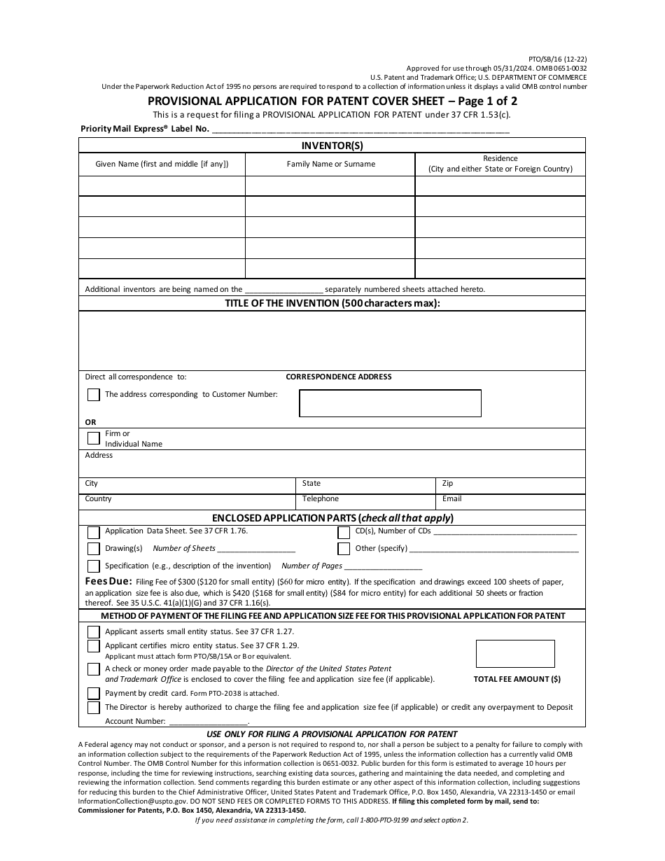 Form PTO/SB/16 Download Fillable PDF or Fill Online Provisional ...