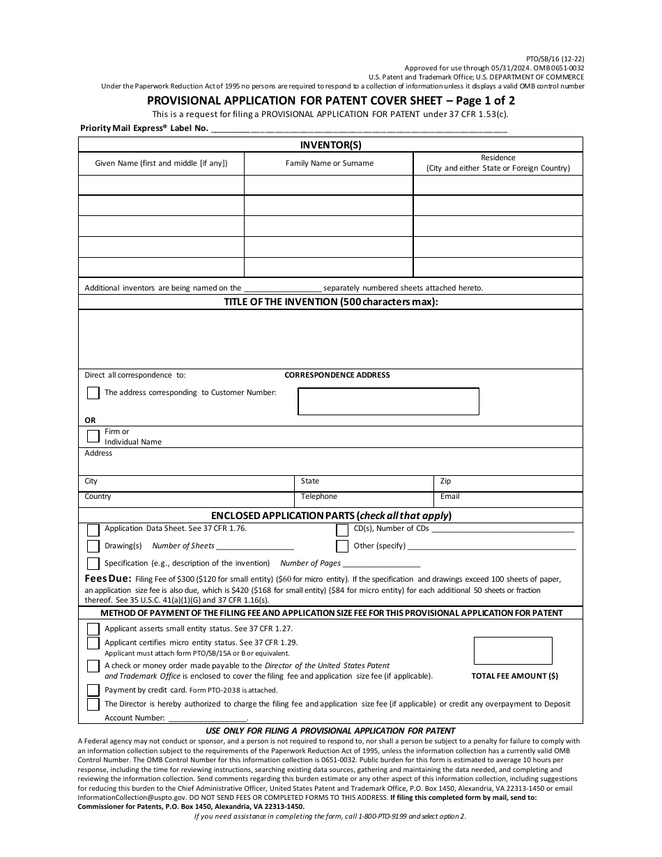 Form PTO / SB / 16 Provisional Application for Patent Cover Sheet, Page 1
