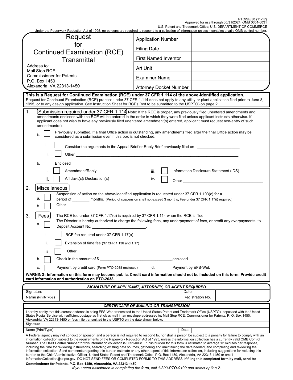 Form PTO / SB / 30 Request for Continued Examination (Rce) Transmittal, Page 1