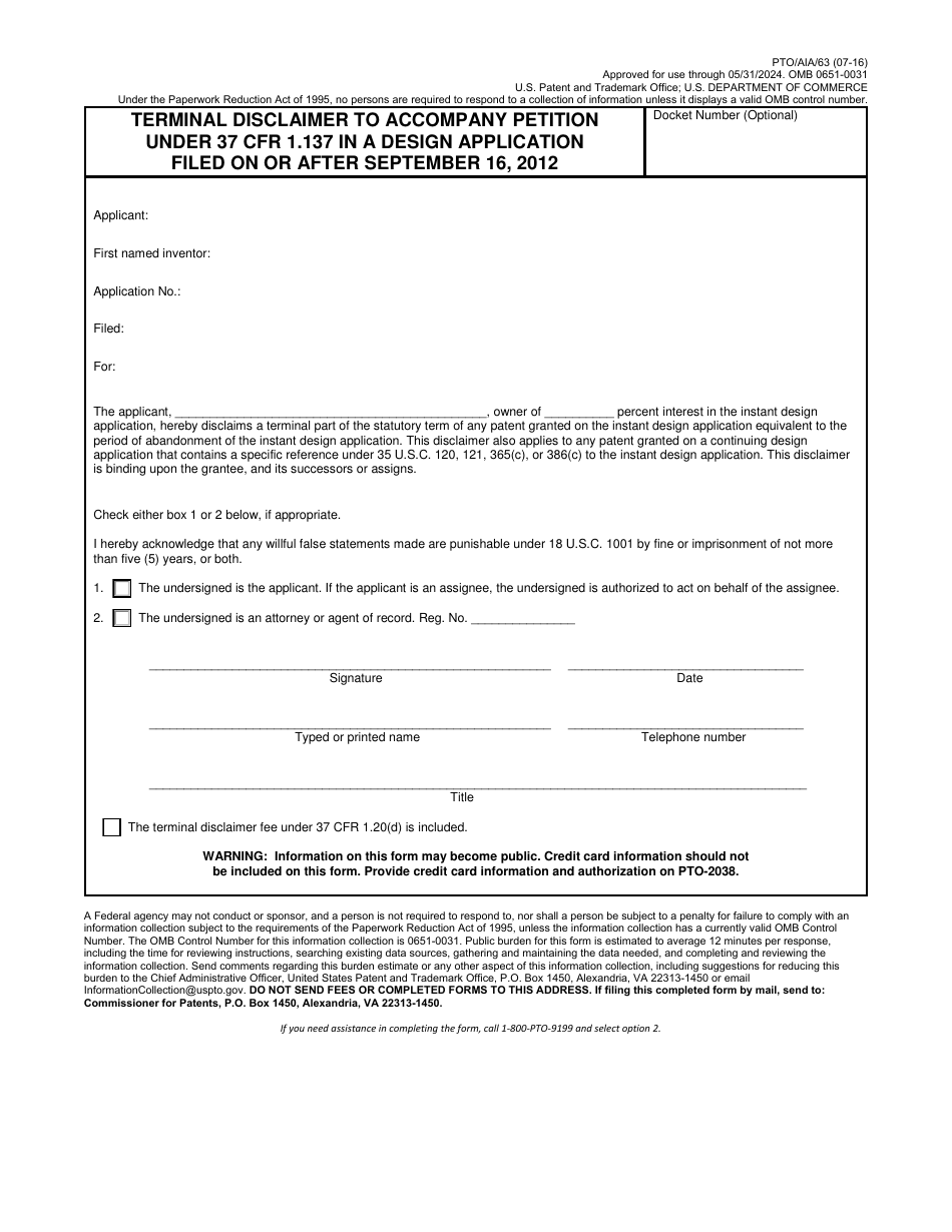 Form PTO / AIA / 63 Terminal Disclaimer to Accompany Petition Under 37 Cfr 1.137 in a Design Application Filed on or After September 16, 2012, Page 1