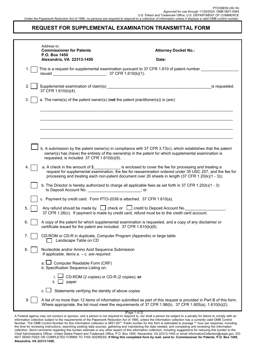 Form PTO / SB / 59 Request for Supplemental Examination Transmittal Form, Page 1
