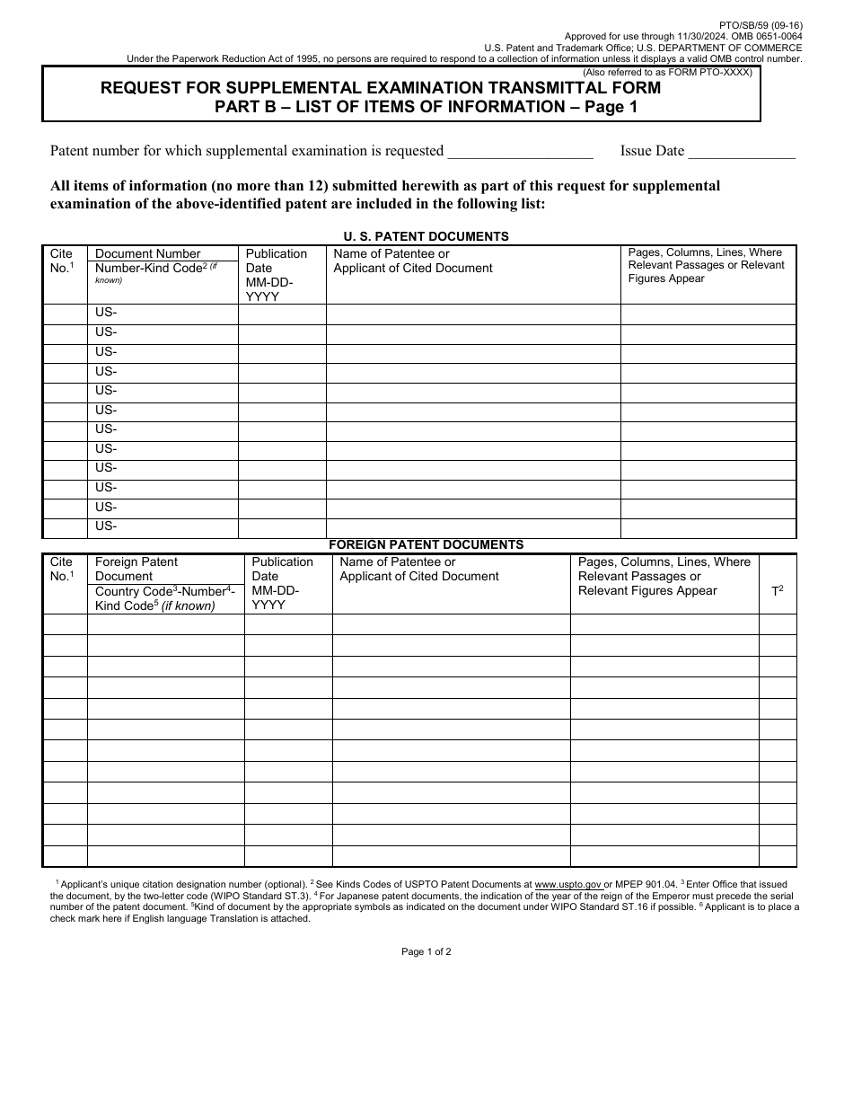 Form PTO / SB / 59 Request for Supplemental Examination Transmittal Form, Page 3