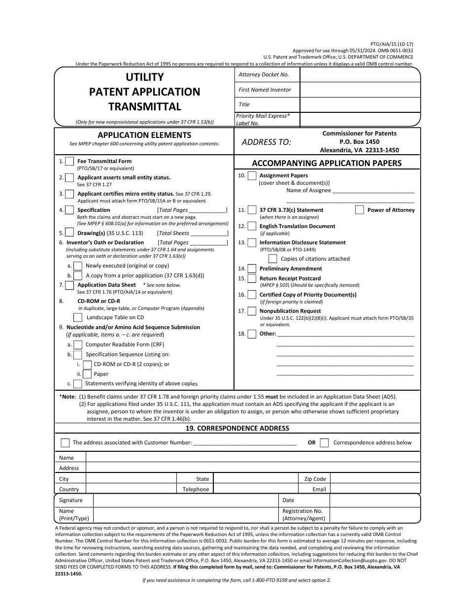 Form PTO / AIA / 15 Utility Patent Application Transmittal, Page 1