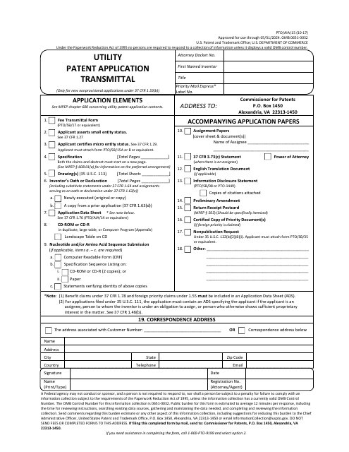 Form PTO/AIA/15 Utility Patent Application Transmittal