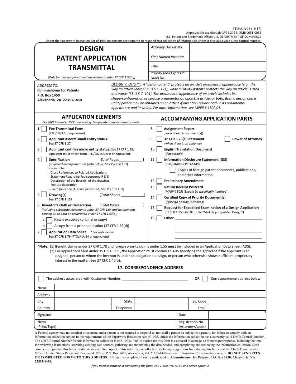 Form PTO / AIA / 18 Design Patent Application Transmittal, Page 1