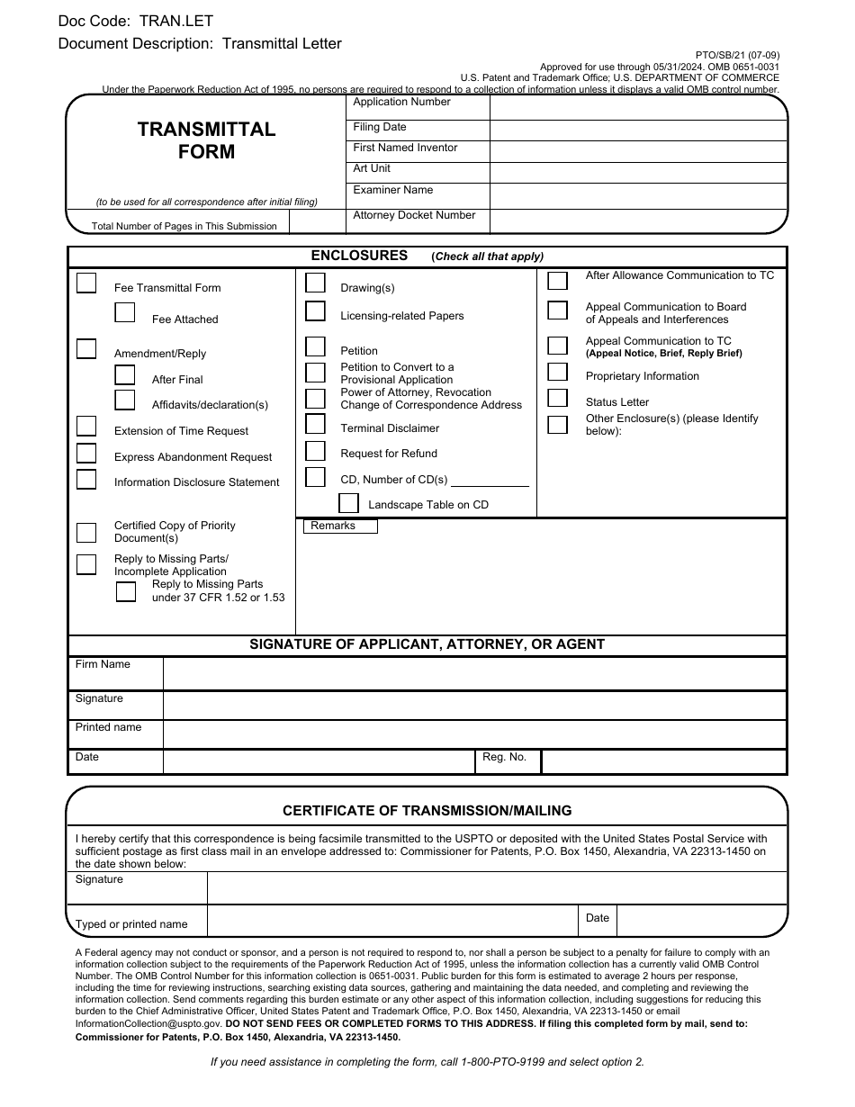 Form PTO / SB / 21 Transmittal Form, Page 1