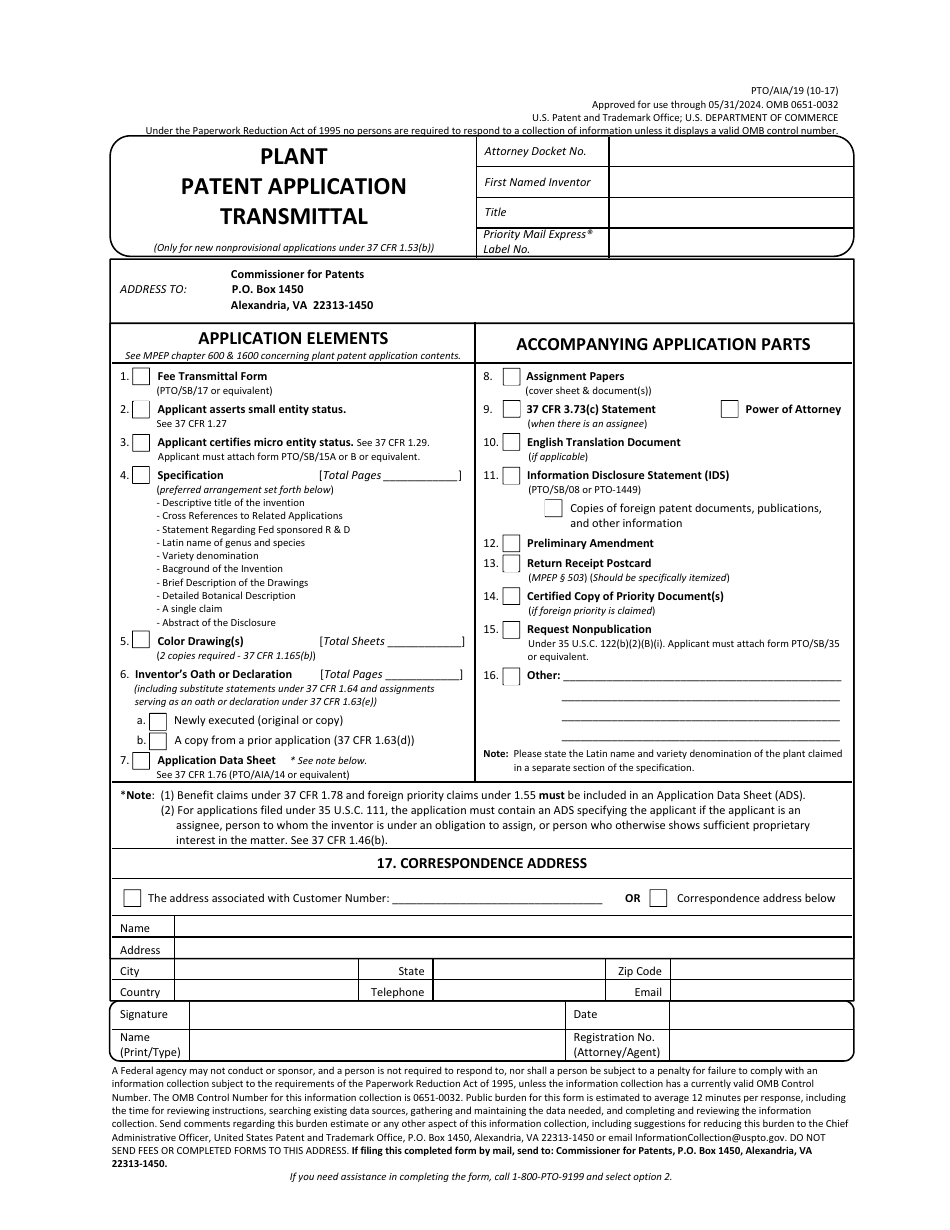 Form PTO / AIA / 19 Plant Patent Application Transmittal, Page 1