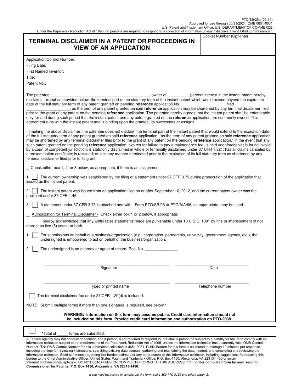 Form PTO / SB / 25A Terminal Disclaimer in a Patent or Proceeding in View of an Application, Page 1