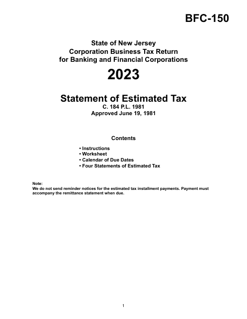 Form BFC-150 Statement of Estimated Tax - New Jersey, 2023