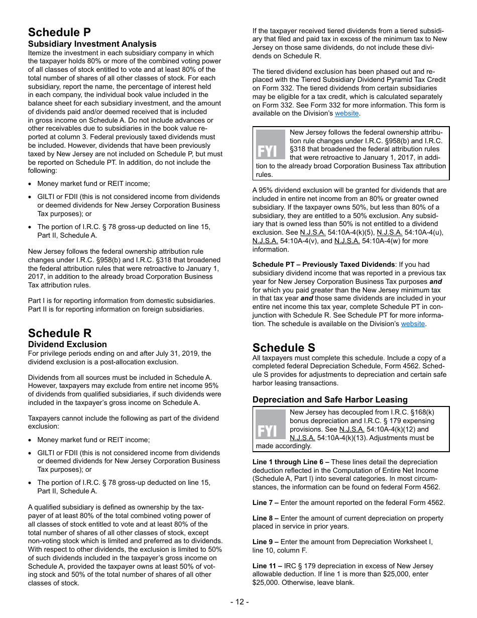 Instructions for Form BFC-1 Corporation Business Tax Return for Banking and Financial Corporations - New Jersey, Page 12