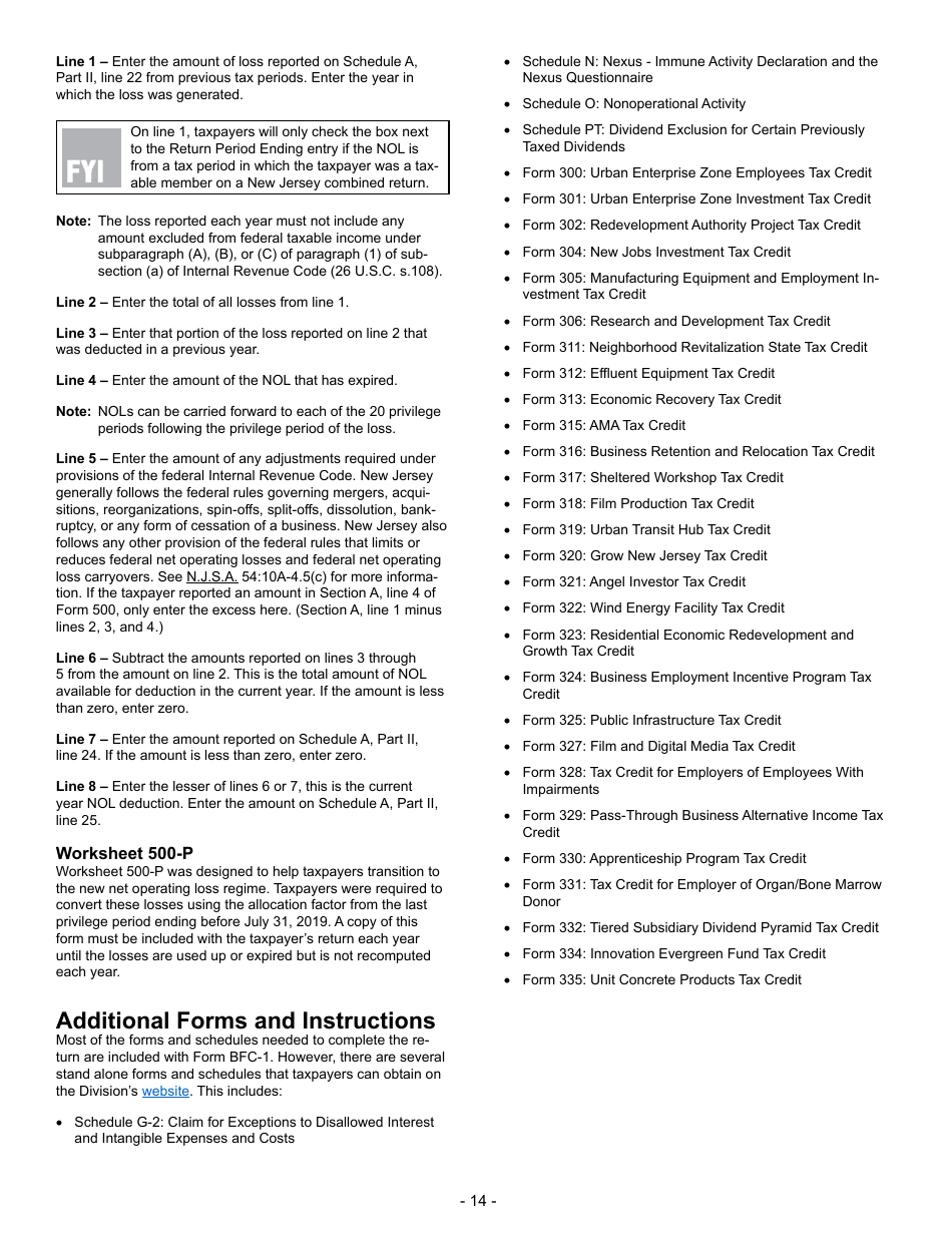 Instructions for Form BFC-1 Corporation Business Tax Return for Banking and Financial Corporations - New Jersey, Page 14