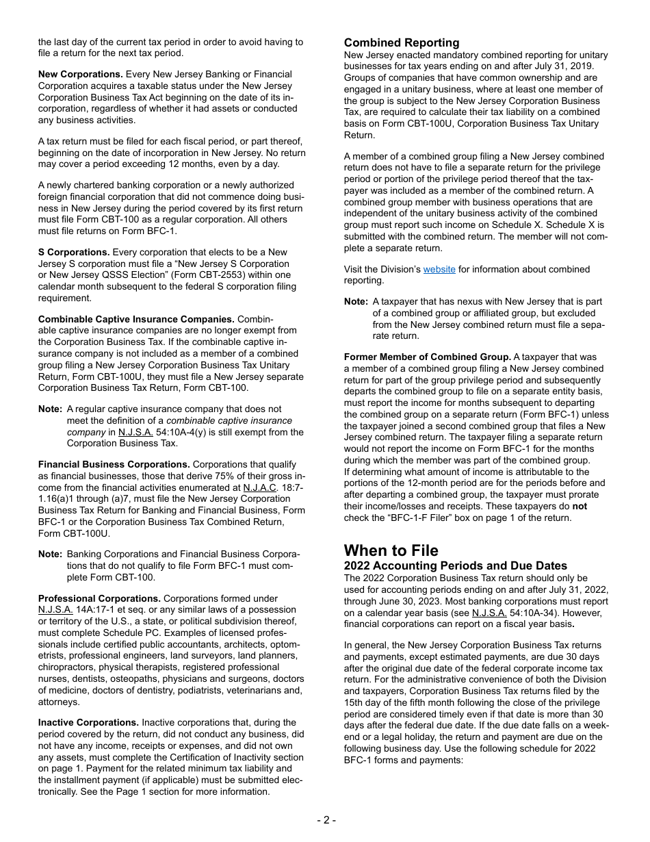 Instructions for Form BFC-1 Corporation Business Tax Return for Banking and Financial Corporations - New Jersey, Page 2
