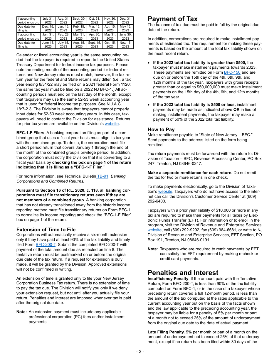 Instructions for Form BFC-1 Corporation Business Tax Return for Banking and Financial Corporations - New Jersey, Page 3