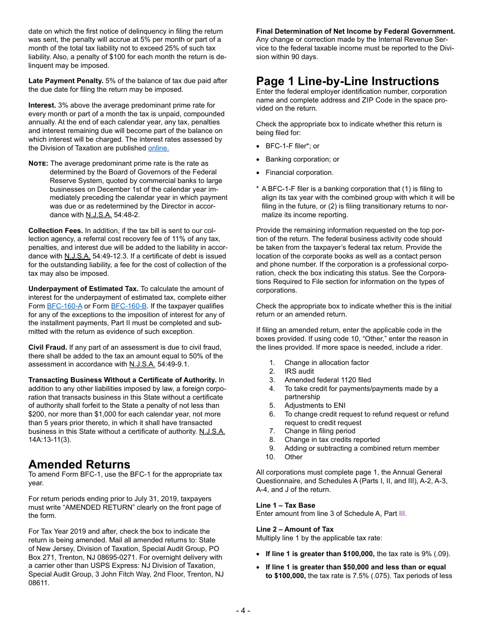 Instructions for Form BFC-1 Corporation Business Tax Return for Banking and Financial Corporations - New Jersey, Page 4