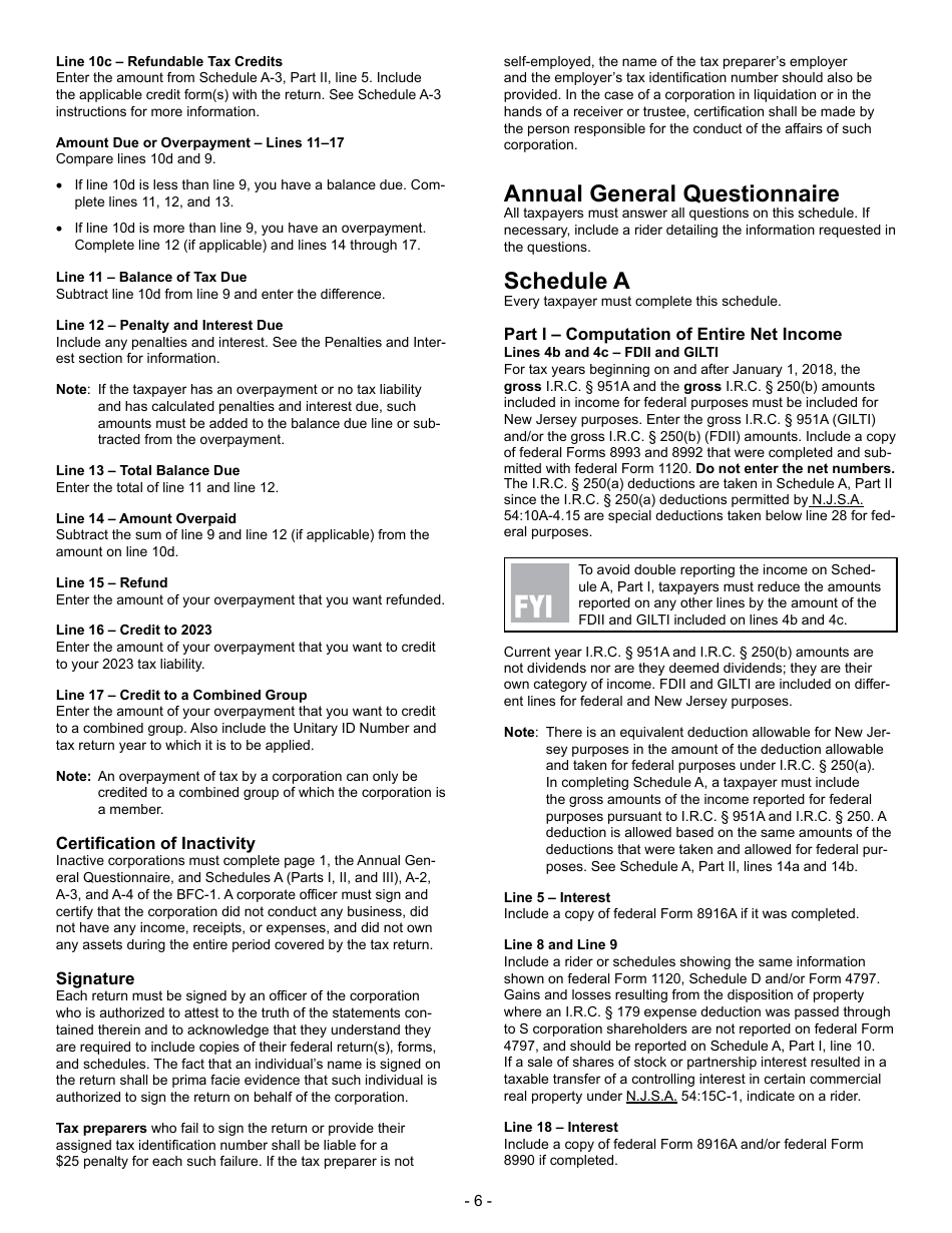 Instructions for Form BFC-1 Corporation Business Tax Return for Banking and Financial Corporations - New Jersey, Page 6
