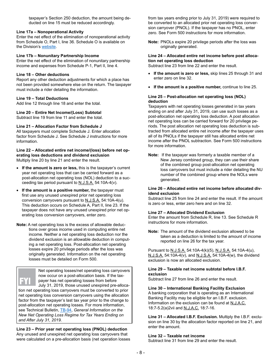 Instructions for Form BFC-1 Corporation Business Tax Return for Banking and Financial Corporations - New Jersey, Page 8
