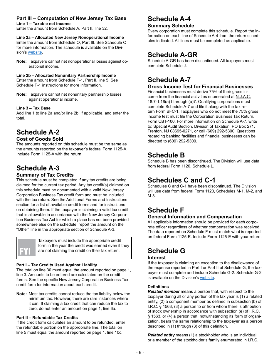 Instructions for Form BFC-1 Corporation Business Tax Return for Banking and Financial Corporations - New Jersey, Page 9
