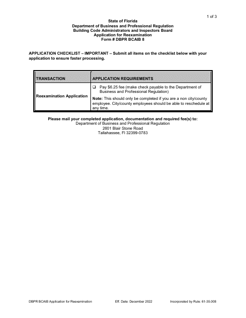 Form DBPR BCAIB8 Application for Reexamination - Florida