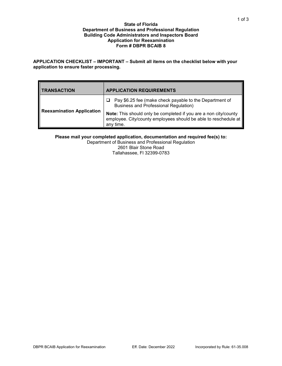Form DBPR BCAIB8 Application for Reexamination - Florida, Page 1