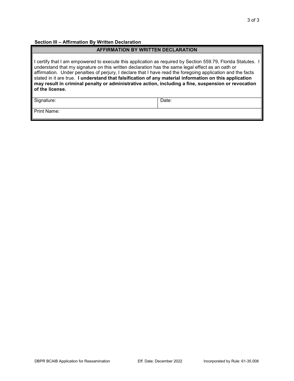 Form Dbpr Bcaib8 Download Printable Pdf Or Fill Online Application For Reexamination Florida 4774