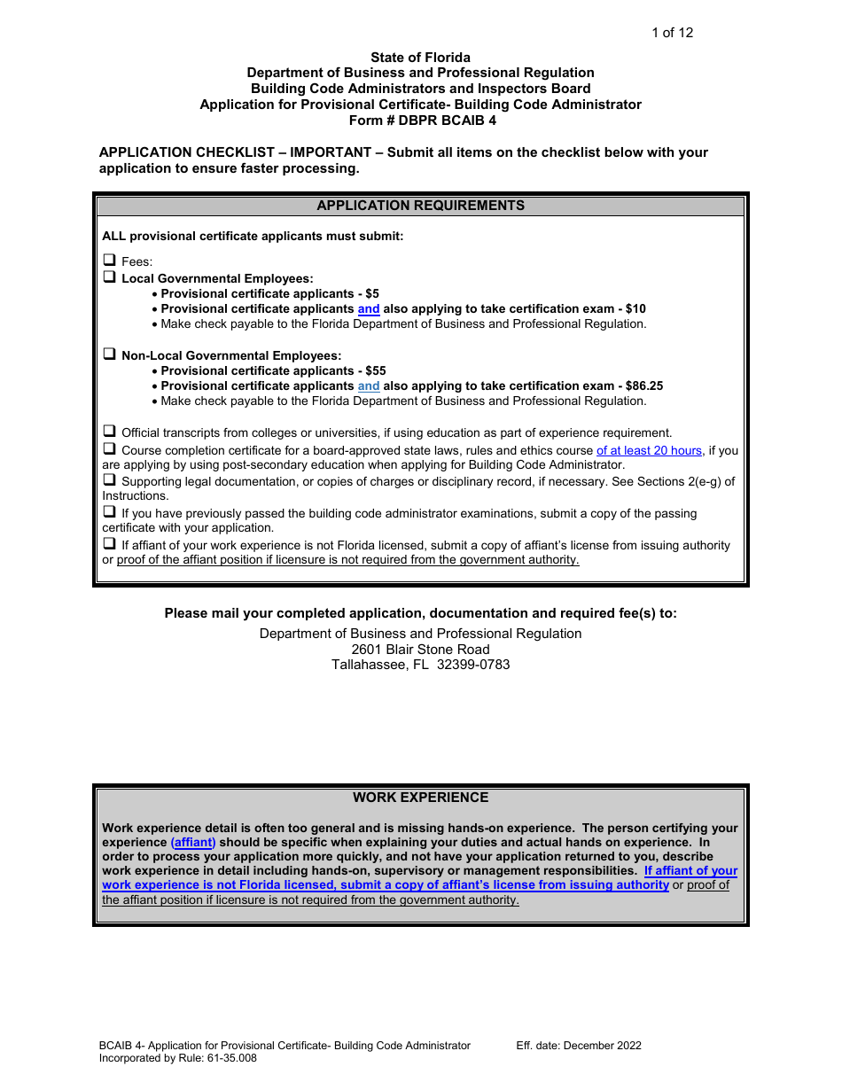 Form DBPR BCAIB4 Application for Provisional Certificate - Building Code Administrator - Florida, Page 1