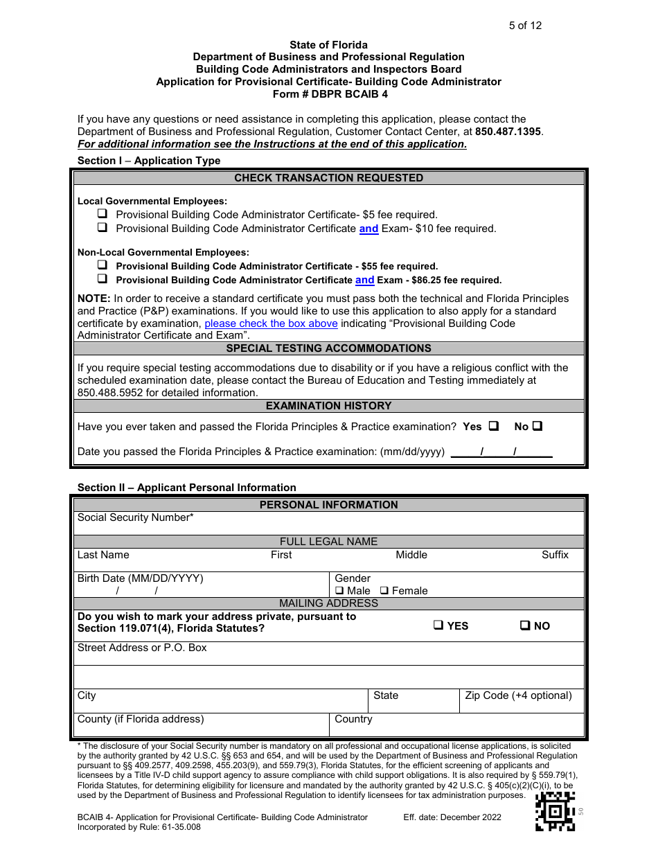 Form DBPR BCAIB4 Download Printable PDF or Fill Online Application for ...