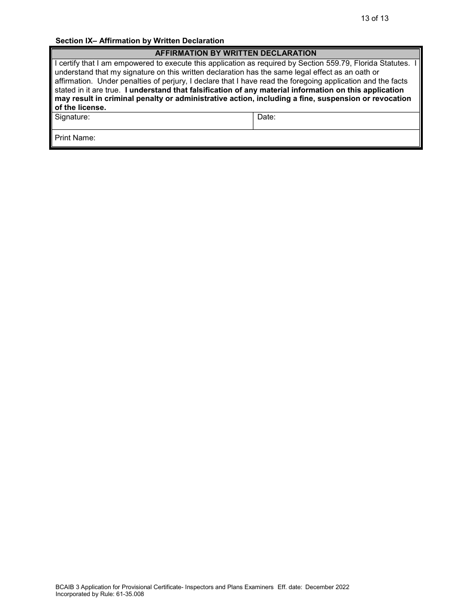 Form DBPR BCAIB3 Application for Provisional Certificate - Inspectors and Plans Examiners - Florida, Page 13