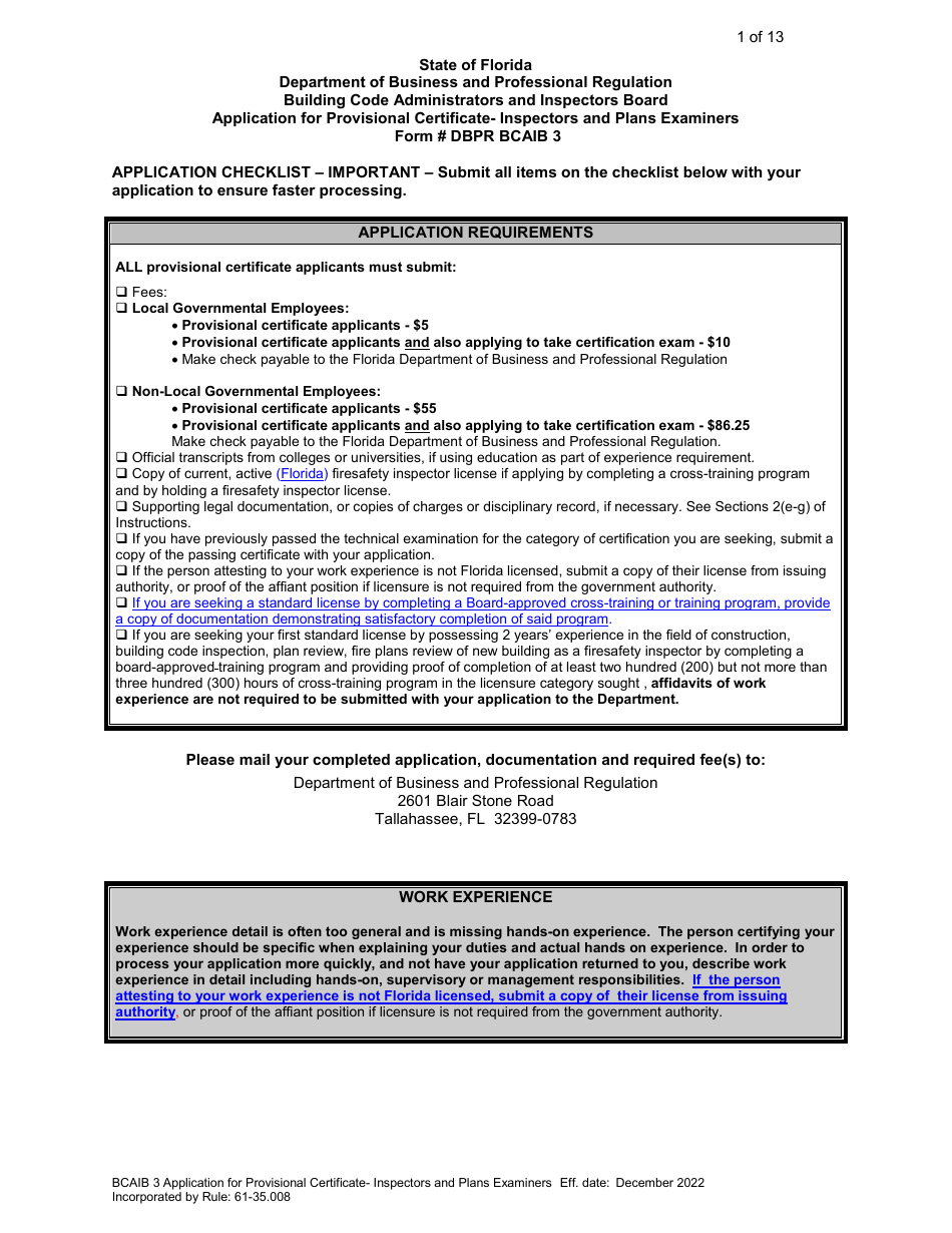 Form DBPR BCAIB3 Application for Provisional Certificate - Inspectors and Plans Examiners - Florida, Page 1