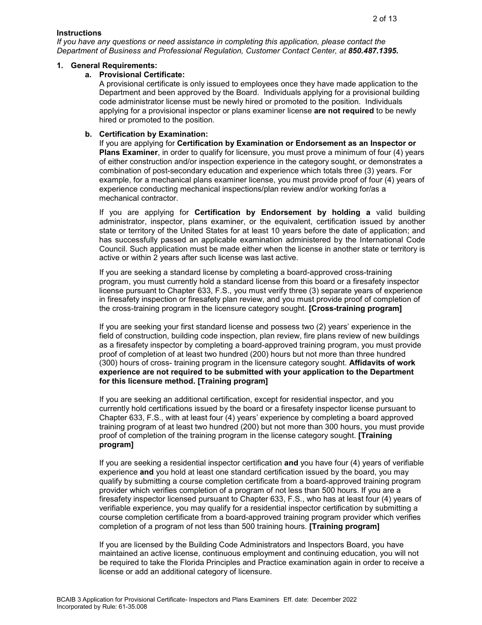 Form DBPR BCAIB3 Application for Provisional Certificate - Inspectors and Plans Examiners - Florida, Page 2