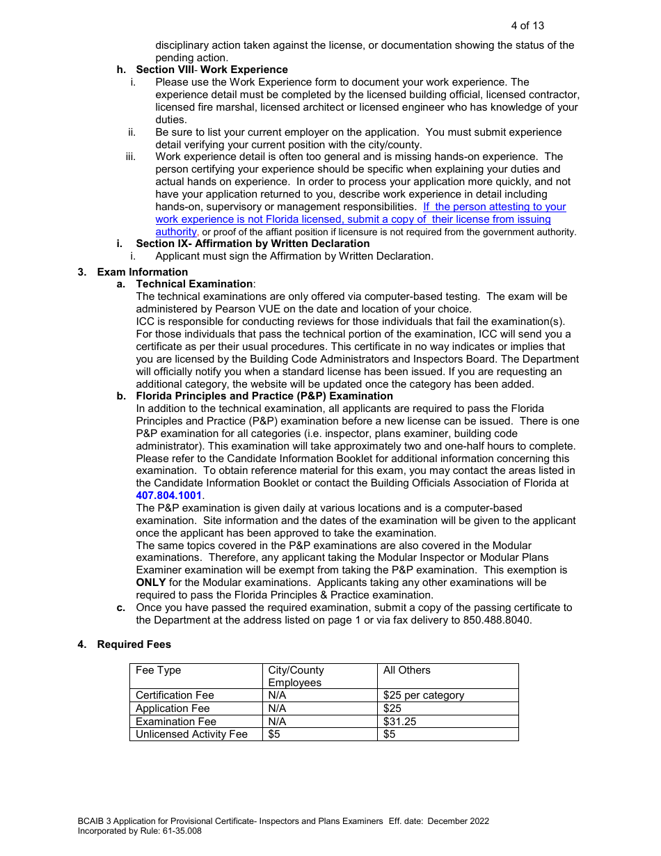 Form DBPR BCAIB3 Application for Provisional Certificate - Inspectors and Plans Examiners - Florida, Page 4
