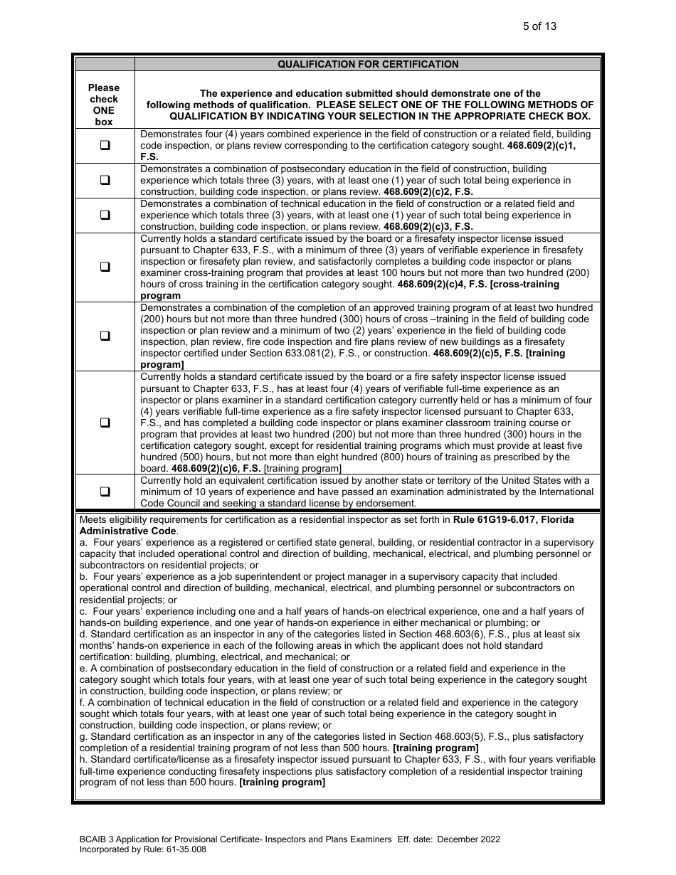 Form DBPR BCAIB3 Application for Provisional Certificate - Inspectors and Plans Examiners - Florida, Page 5
